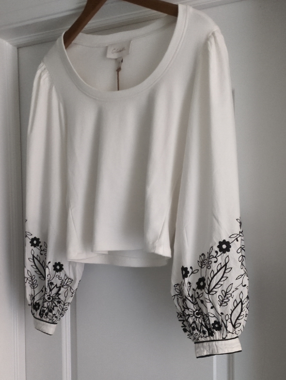 White Peasant Top with Black Floral Sleeve Embroidery NWT!